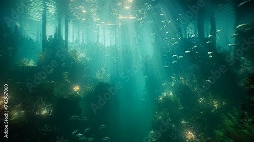 A city submerged beneath the surface that emits bioluminescent light, with people swimming alongside amazing marine life. 