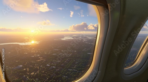 A mesmerizing view from an aircraft window, showcasing a town basking under a cloudless sundown sky photo