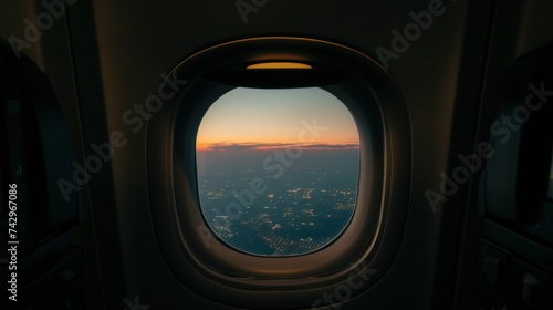 A mesmerizing view from an aircraft window  showcasing a town basking under a cloudless sundown sky