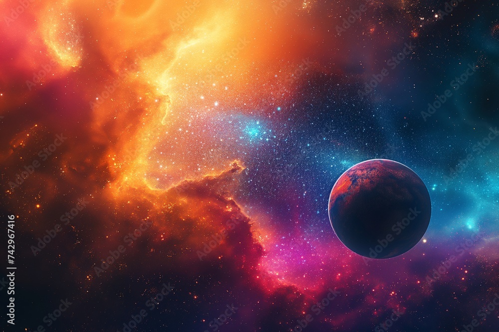 Bright cosmic scene with nebula of stars and multicolored light surrounding abstract planets in orbit. Bright cosmic scene with nebula of stars and multicolored light surrounding abstract planets in orbit.