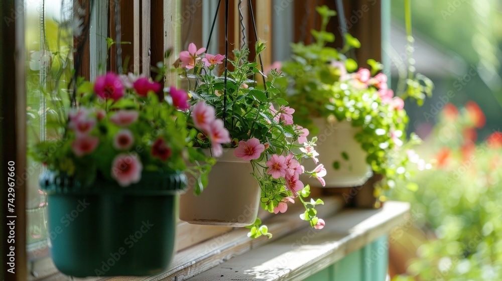Charming flowerpots suspended on a window sill, creating a cozy and lively window display Charming flowerpots suspended on a window sill, creating a cozy and lively window display