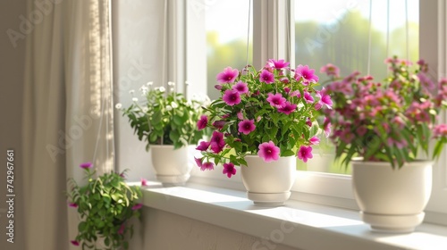 Charming flowerpots suspended on a window sill  creating a cozy and lively window display