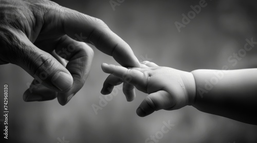 hand of a young baby touching old hand of the elderly,black and white tone,mono color photo