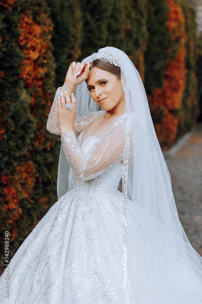 Wedding portrait. A brunette bride is posing in nature, covered with a long veil. Beautiful makeup. Lace dress. Autumn photo shoot