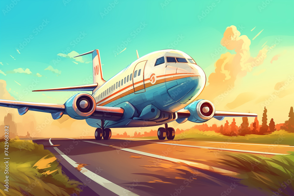 Landing of the plane on the runway in the field. Cartoon airline jet landing, commercial airplane cargo transportation concept. Digital flat illustration