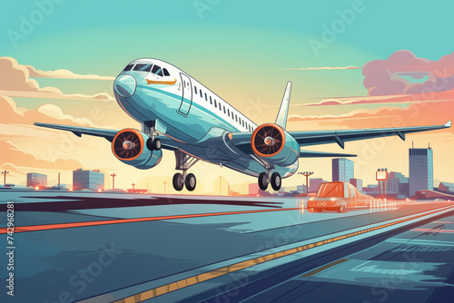 Airplane runway. Cartoon aircraft take off and landing on airport, airplane flying and landing on strip, airport service and transportation concept. Flat illustration