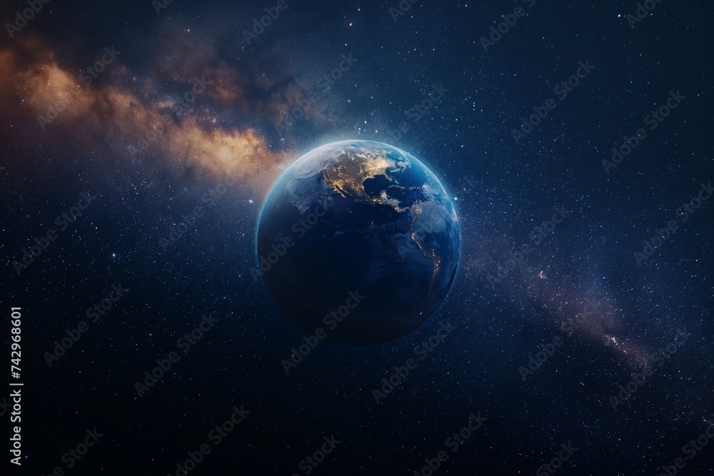 The image of Earth with a starry sky behind it emphasizes how alone our planet is in the vastness of space.