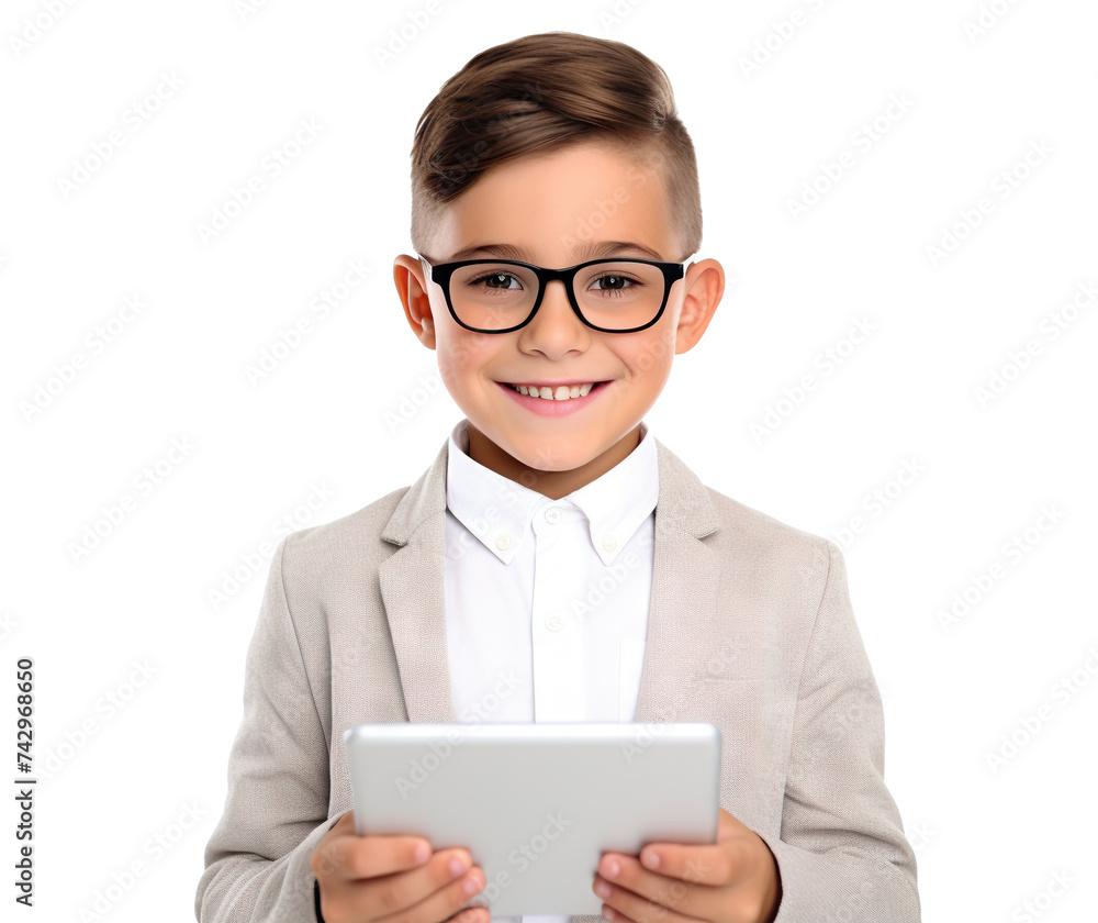 Happy smart young boy holding a tablet, cut out Happy smart young boy holding a tablet, cut out