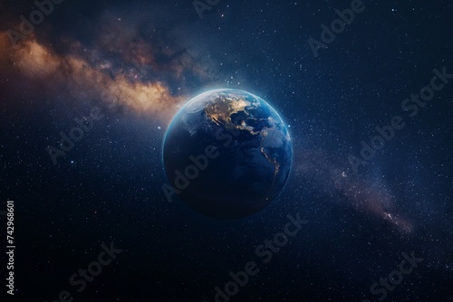 The image of Earth with a starry sky behind it emphasizes how alone our planet is in the vastness of space. photo