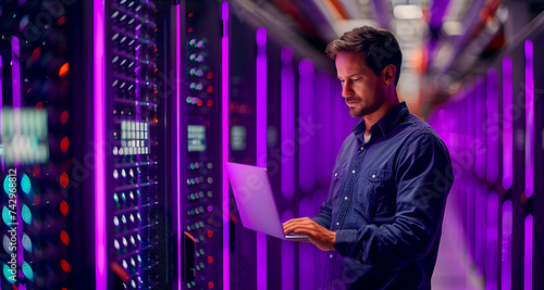 Data center manager looking at laptop in server room. Ai generated.