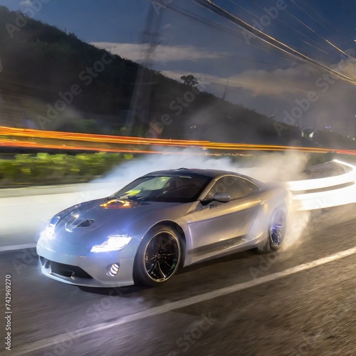 Night Drift  Sports Car Racing Around Corner with Smoke Trails  Generative AI 