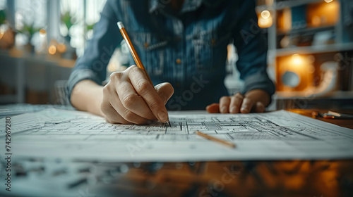 An architect draws a project plan on the table. Architect working on a project