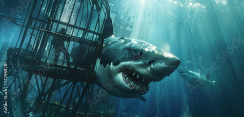 White shark attack a scuba diver, cage / great white shark swims around the cage photo