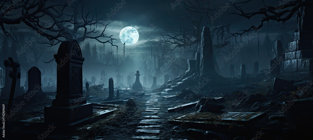 A moonlit cemetery with weathered tombstones A moonlit cemetery with weathered tombstones