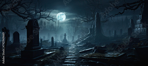 A moonlit cemetery with weathered tombstones