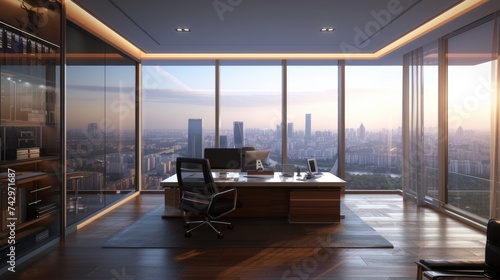 Elegant home office featuring sleek furniture  ambient lighting  and a breathtaking city view. Resplendent.