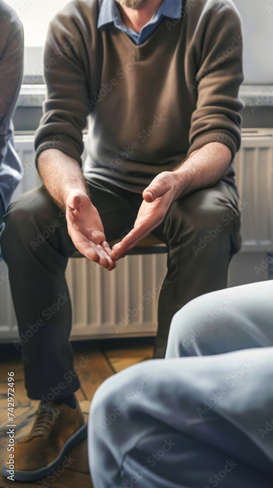 Vertical poster of people in group therapy, focus on the man's hands, psychotherapy for help and support, the importance of solving mental problems
