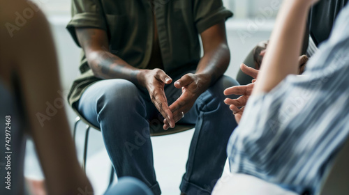 Therapy group, focus on man's hands, concept about the importance of psychotherapy for help and support to solve mental problems and social problems