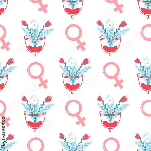 Hand drawn pattern with menstrual cup, flowers and female sign in pink and red colors. Female period wallpaper