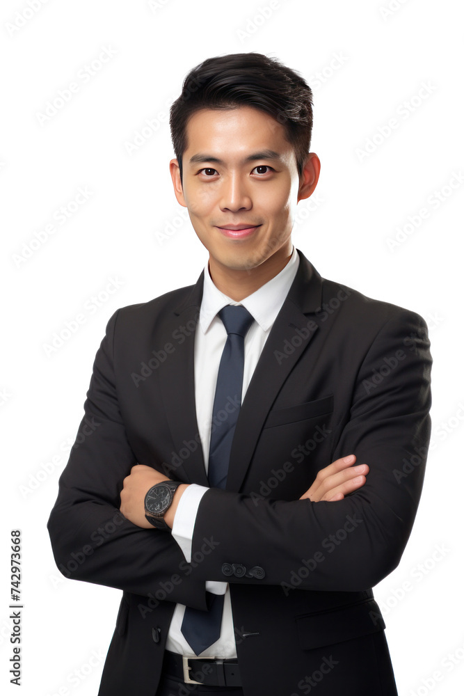 Asian businessman happy in suit, crossed arms isolated on transparent background. Asian businessman happy in suit, crossed arms isolated on transparent background.