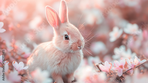 Enchanting bunny amidst blooming pink flowers under a soft  glowing light  embodying spring s vitality and joy. Perfect for themes of nature  renewal  and beauty.