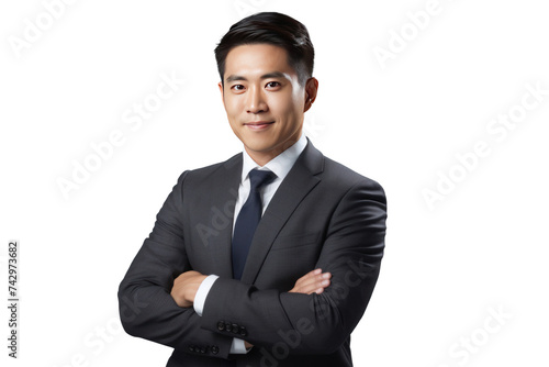 Asian businessman happy in suit, crossed arms isolated on transparent background. © Wararat