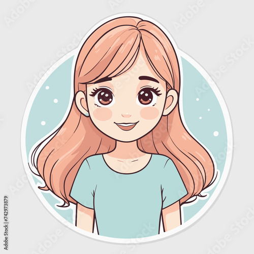 Illustration of a cute young female character with wavy hair and a gentle smile, set against a soft pastel background.