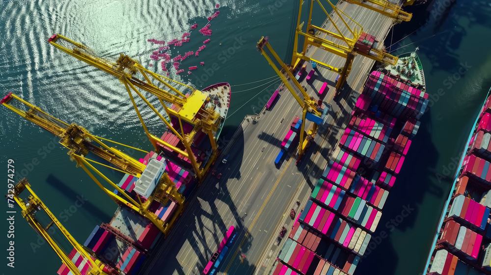 Aerial View of Cargo Ships and Cranes at a Busy Container Port