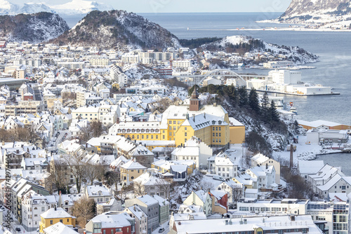 The Jugend city Aalesund (Ålesund) harbor on a beautiful cold winter's day. Møre and Romsdal county