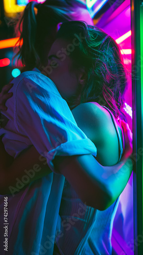 Vertical poster of two young people hugging near a cafe window, bright neon light, supporting friends in difficult times, mental health and support concept
