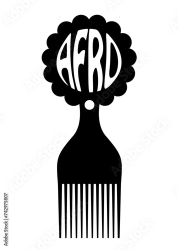afro comb symbol, african hairbrush sign for curly hair, simple flat design of black silhouette with Afro text writing, vector illustration isolated on white background