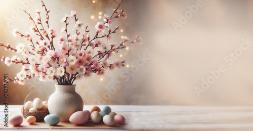 easter spring background vase branches twings with eggs epty space - ai generated photo