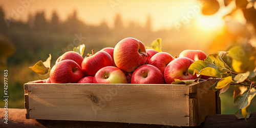 A crate of apples in a garden Apples On Table At Sunset photo