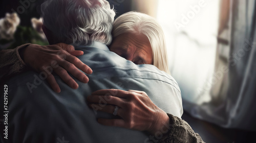 Friendly hug of support in difficult times, two elderly people hugging after group therapy, close-up, concept of mental health and social support and assistance