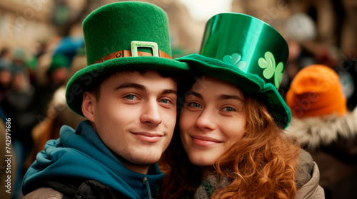Portrait of a smiling, happy young couple in leprechaun hats, the guys celebrate St. Patrick's Day together.