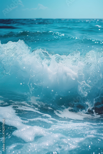 Ocean sea water blue waves splashing in the deep sea at sunny day