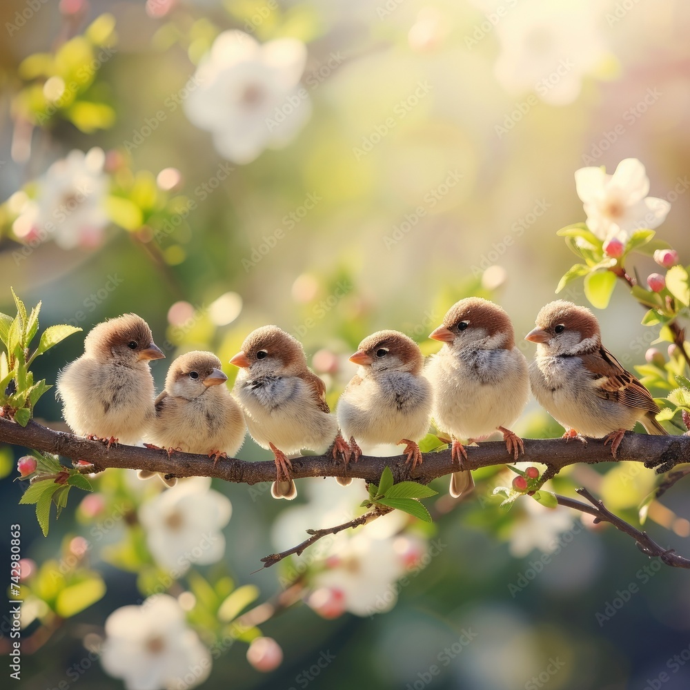 Little birds sitting on a branch