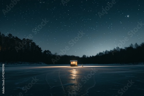 Modern modular cabin on snowy winter landscape under starry sky, embodying solitude and contemporary design © Breezze