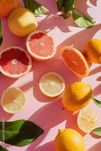 close up flatlay of citrus fruit lemon lime grapefruit orange slices with bright natural sunlight pastel pink background for skincare vitamin c diet nutrition healthy lifestyle studio photography shot