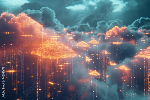 A depiction of cloud computing, with data packets raining down into a vast array of servers. 
