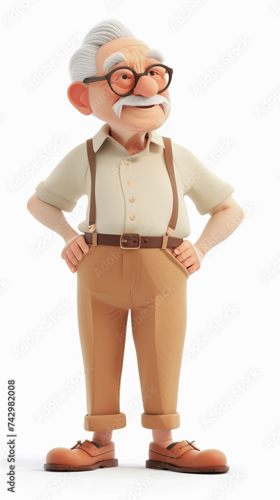 Cute old man on a white background in 3D style
