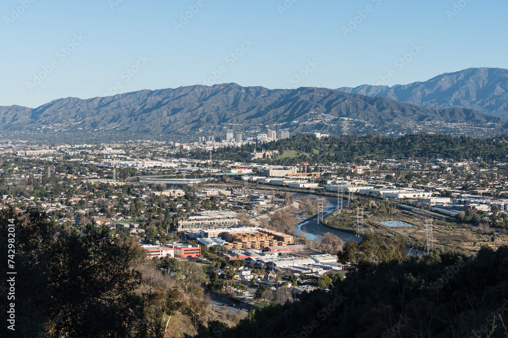 Hilltop view towards Glendale, Elysian Valley, Atwater Village and Cypress Park neighborhoods in Los Angeles California.