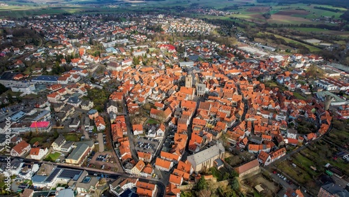 Aerial view around the old town of Alsfeld in Hessen on a sunny day in fall 