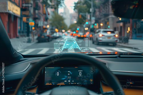 Detail of a cars headup display projecting crucial information onto the windshield making it easy for the driver to stay informed  photo