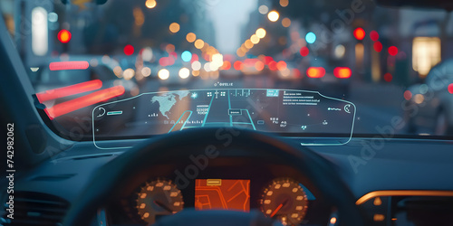 Detail of a cars headup display projecting crucial information onto the windshield making it easy for the driver to stay informed  photo