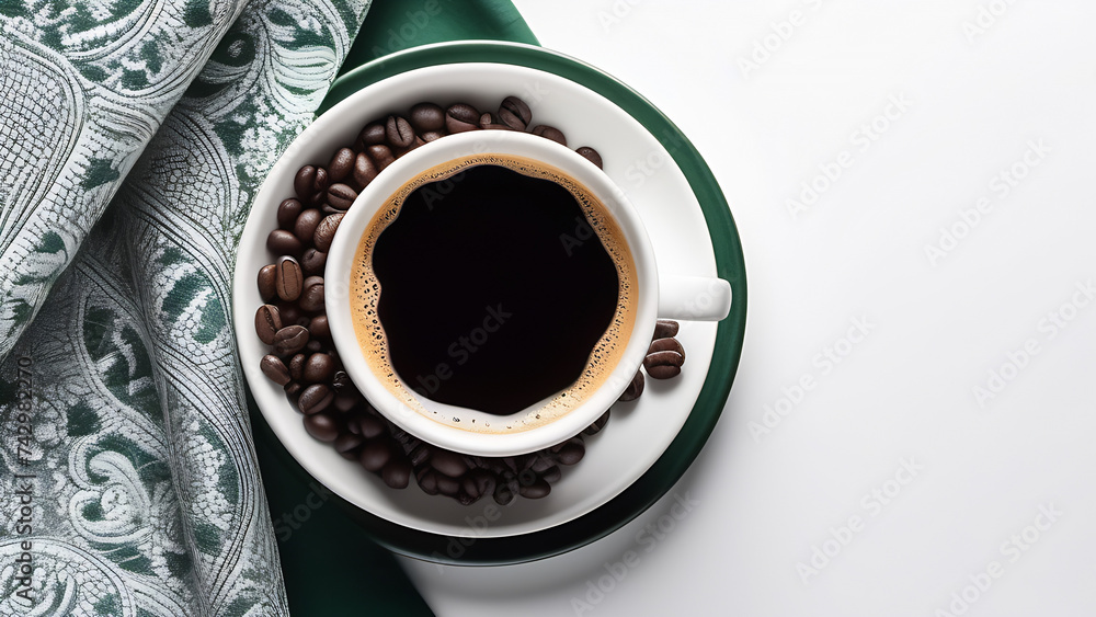 Hot espresso in white cup with dark green napkin and coffee beans  with free space for text on the light background, morning routine, poster, top view, close up