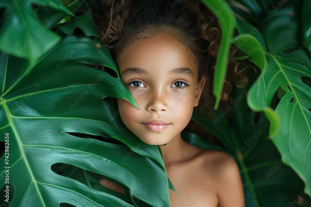 Serene Young Woman with Green Leaf Symbolizing Natural Beauty
Serene Young Woman with Green Leaf Symbolizing Natural Beauty