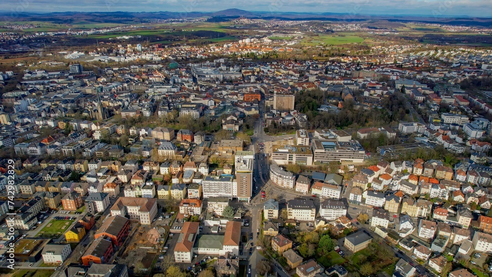 Aerial view of the town Giessen in Germany on a sunny morning in autumn