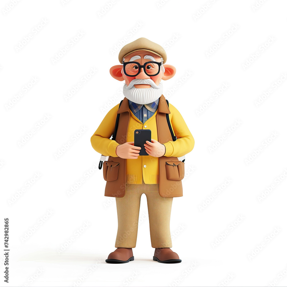 Cute old man holding a smartphone in his hands. Isolated on a white background. 3D style.
Cute old man holding a smartphone in his hands. Isolated on a white background. 3D style.