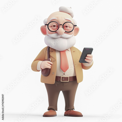 Cute old man holding a smartphone in his hands. Isolated on a white background. 3D style.
